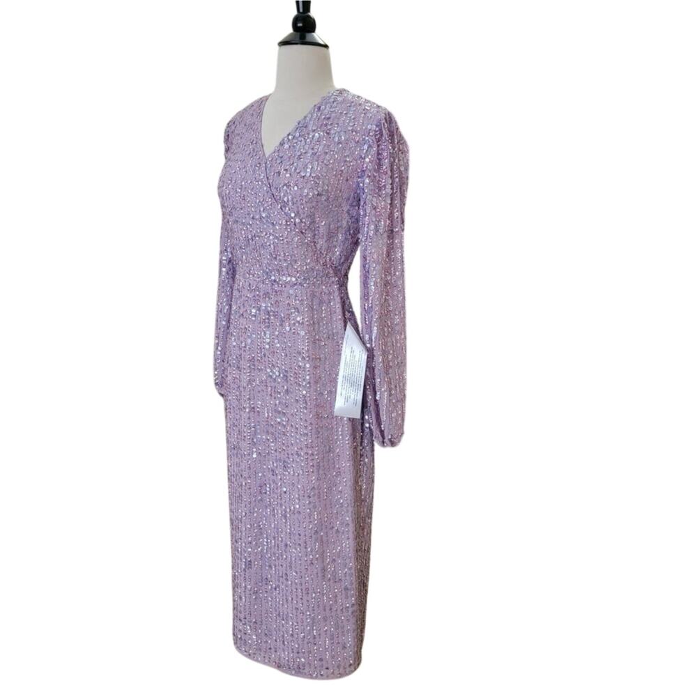 Mac Duggal 107641 Sequin Lavender Purple V Neck Long Sleeve Midi Dress 4 Gown - Picture 8 of 12